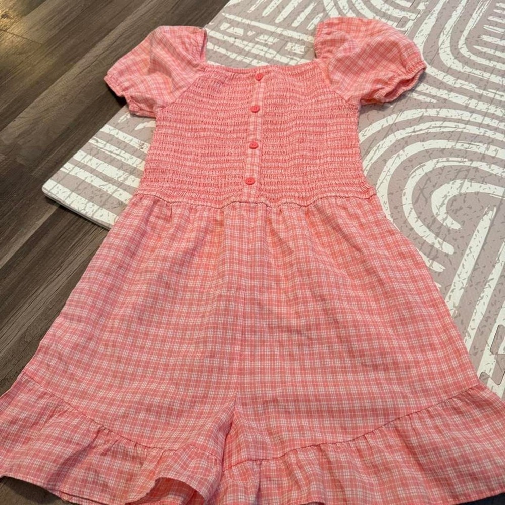 Art Class Pink White Plaid Smocked Romper Ruffle Hem XL 14/16